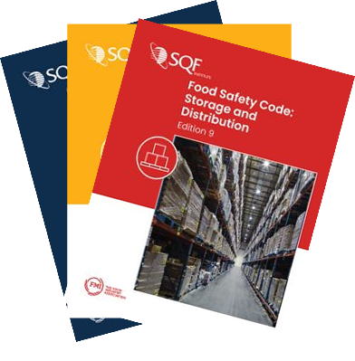 Stack of three SQF guide covers, front one red and white titled “Food Safety Code: Storage and Distribution, Edition 9” with a warehouse aisle photo; two blue and yellow editions partially visible behind.