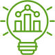 Green line icon of a light bulb with a bar chart and trend line inside.