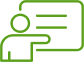 Green line icon of a person pointing at a board with two lines of text.